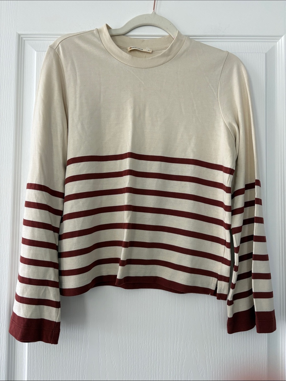 Marine Layer Cream Sweater Tee with Burgundy Stripes